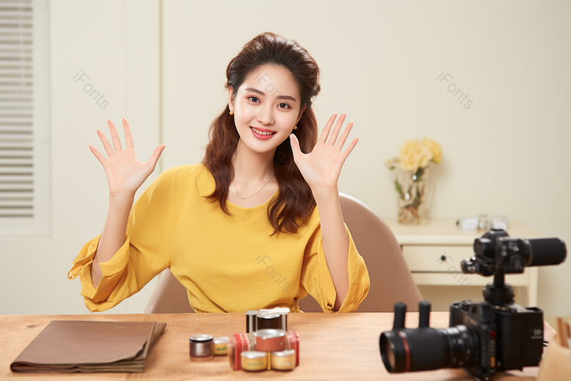 在家美妆直播的女主播打招呼,高清,摄影图,摄影图片,图片大全,摄影图免费下载